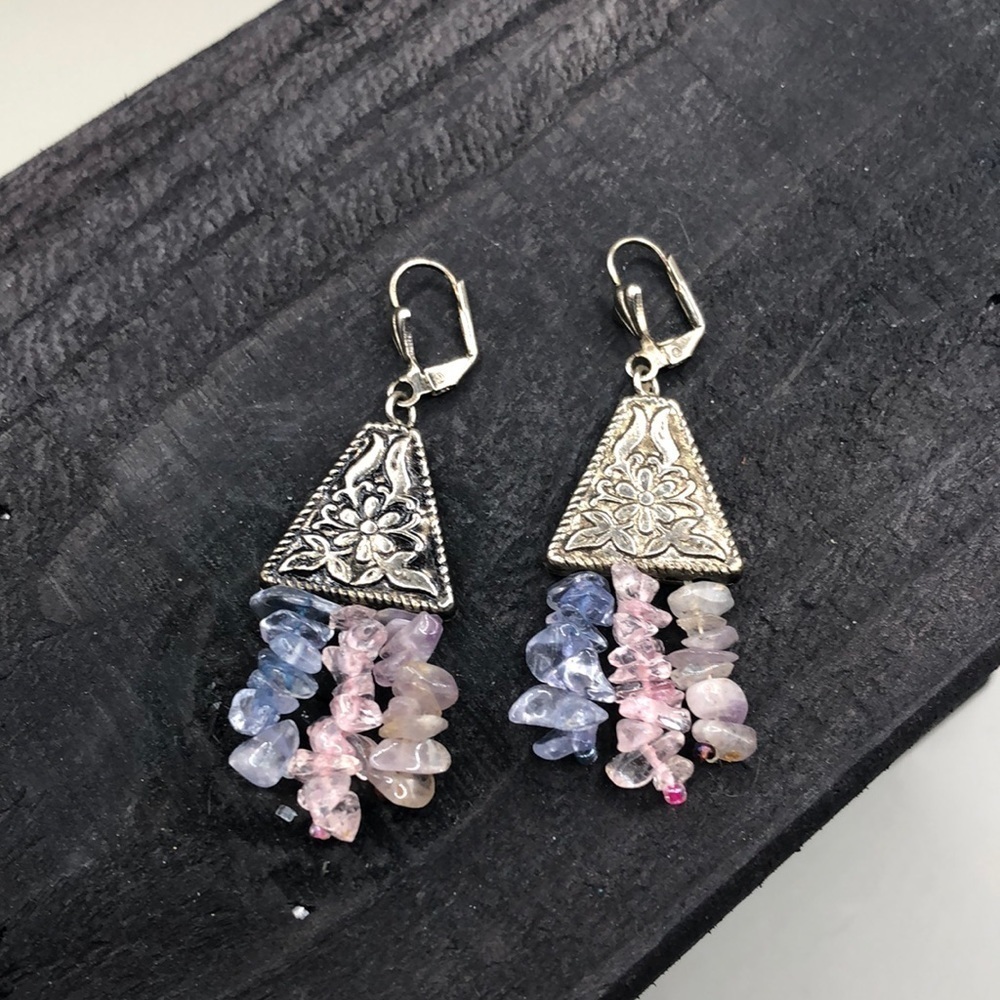 Vintage antique silver tone gemstone bead earrings.